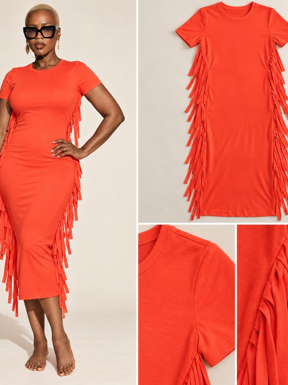 Fringe-Trim Midi Dress in Orange